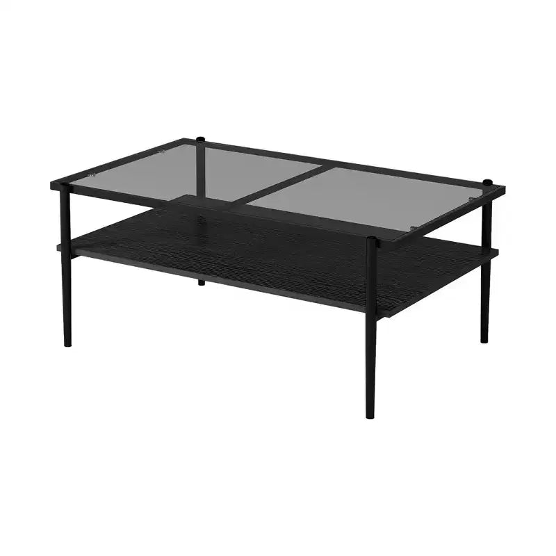 Table basse moderne rectangulaire Okak avec étagères de rangement ouvertes, plateau en verre trempé, table d'appoint pratique pour salon et salle à manger