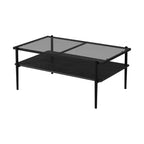 Table basse moderne rectangulaire Okak avec étagères de rangement ouvertes, plateau en verre trempé, table d'appoint pratique pour salon et salle à manger