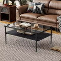 Table basse moderne rectangulaire Okak avec étagères de rangement ouvertes, plateau en verre trempé, table d'appoint pratique pour salon et salle à manger