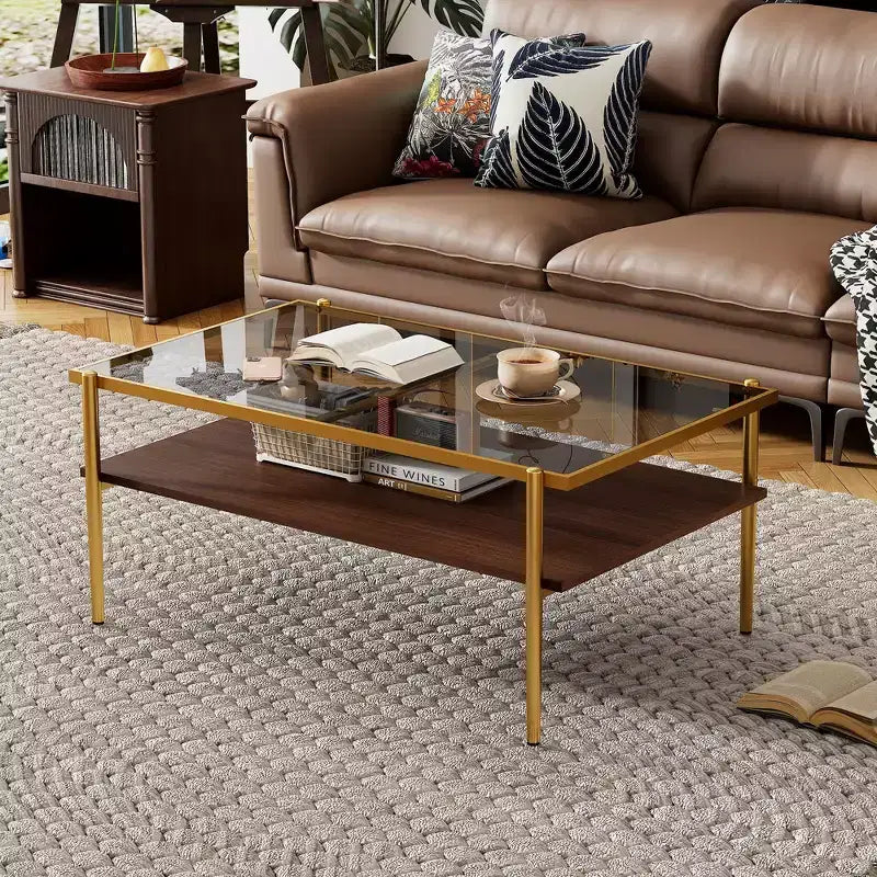 Okak Rectangle Modern Coffee Table with Storage Open Shelves, Tempered Glass Top Practical Side Table for Living Room Dining room