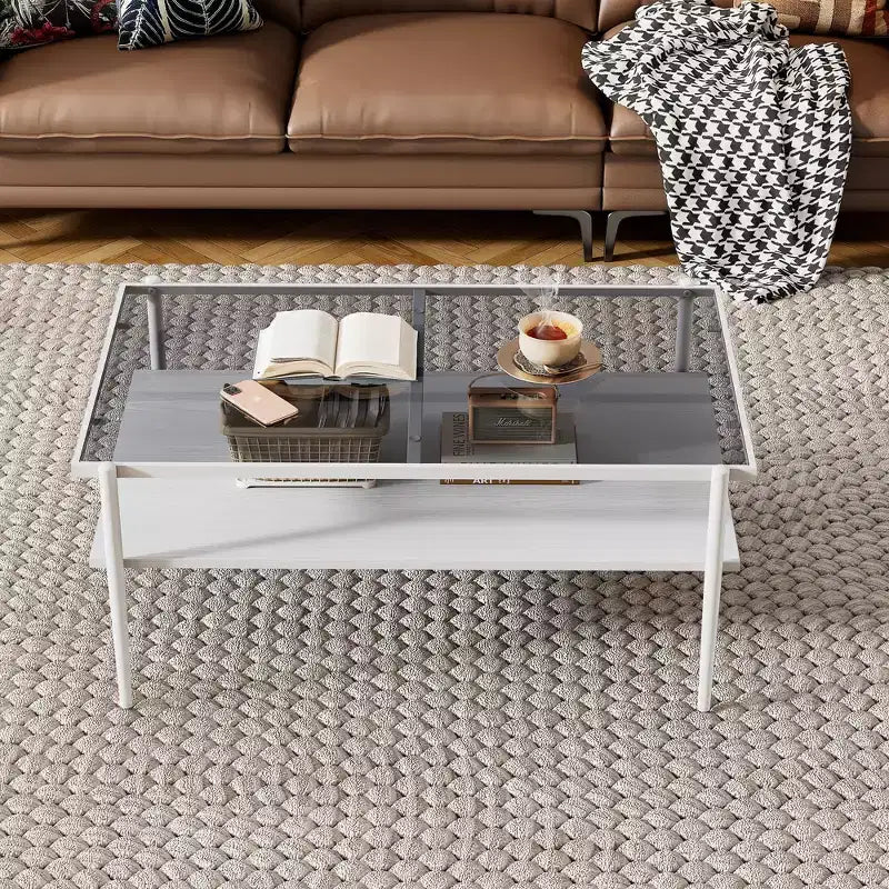 Table basse moderne rectangulaire Okak avec étagères de rangement ouvertes, plateau en verre trempé, table d'appoint pratique pour salon et salle à manger