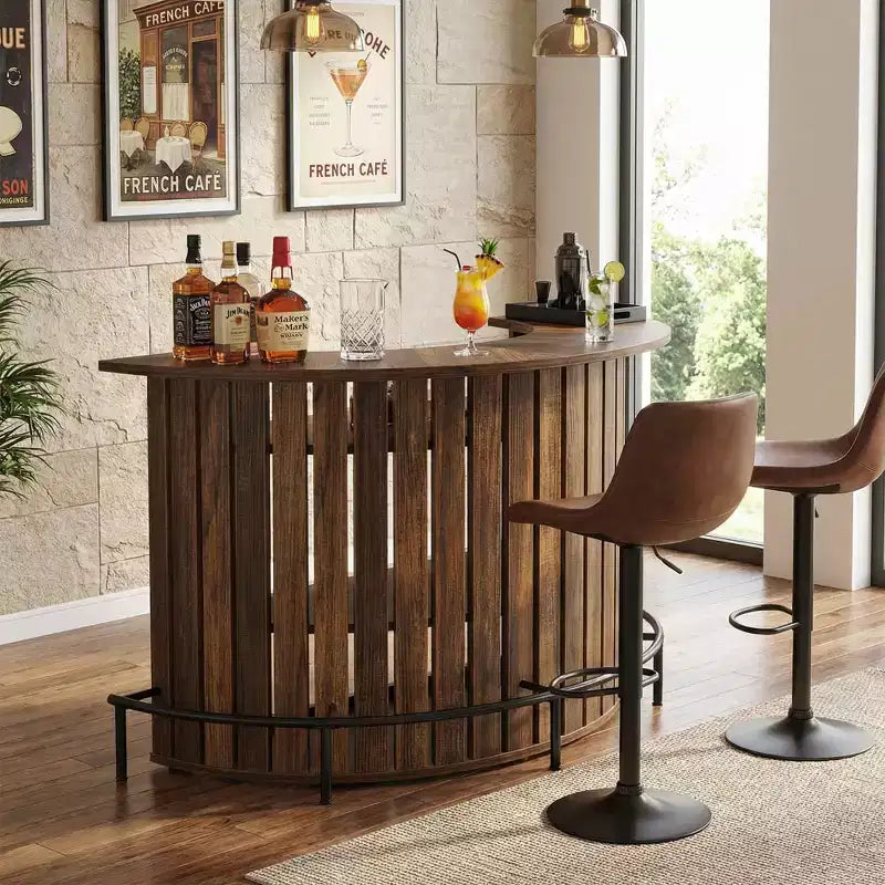 Table de bar MAYEERTY incurvée à 4 niveaux, mini bar moderne rustique avec repose-pieds et construction en MDF.