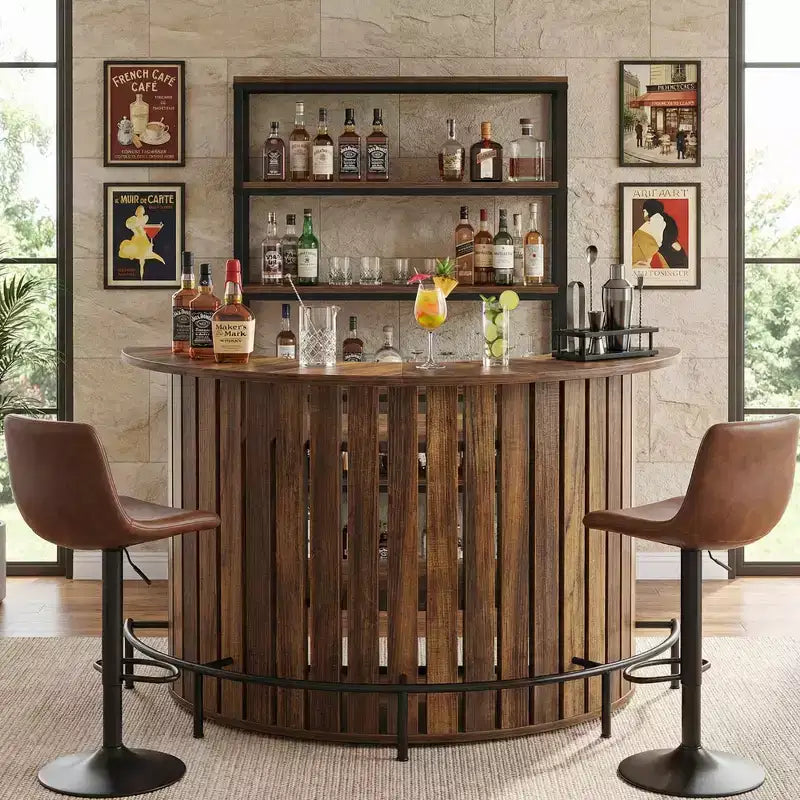 Table de bar MAYEERTY incurvée à 4 niveaux, mini bar moderne rustique avec repose-pieds et construction en MDF.