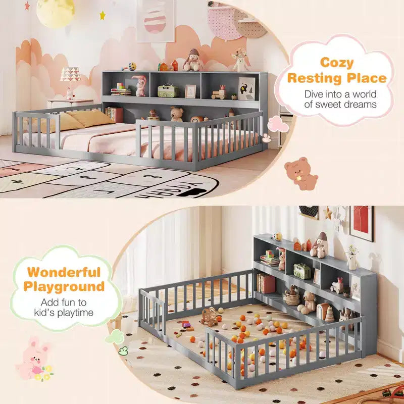 Lit de sol Montessori Costway pour lits jumeaux/doubles avec étagères de rangement et barrières de sécurité Blanc/Gris