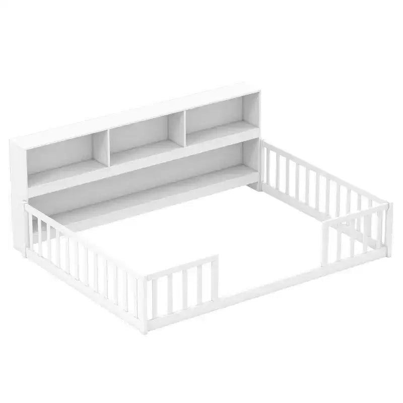 Lit de sol Montessori Costway pour lits jumeaux/doubles avec étagères de rangement et barrières de sécurité Blanc/Gris