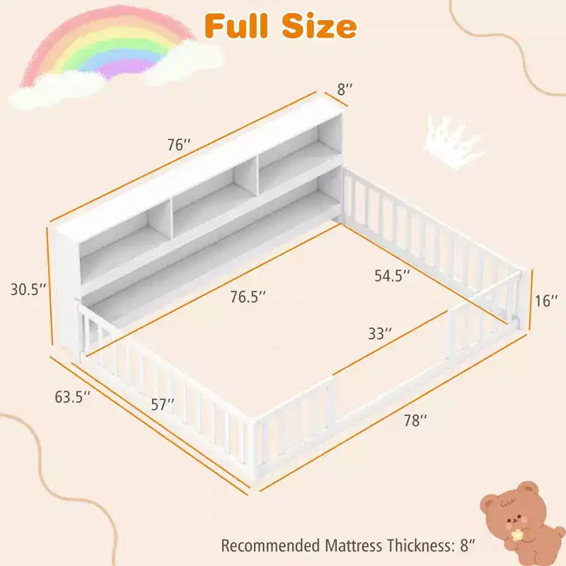 Lit de sol Montessori Costway pour lits jumeaux/doubles avec étagères de rangement et barrières de sécurité Blanc/Gris