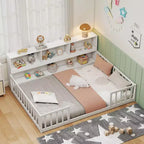 Lit de sol Montessori Costway pour lits jumeaux/doubles avec étagères de rangement et barrières de sécurité Blanc/Gris