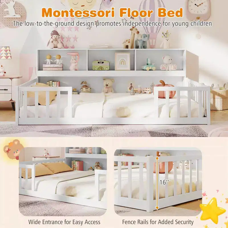 Lit de sol Montessori Costway pour lits jumeaux/doubles avec étagères de rangement et barrières de sécurité Blanc/Gris