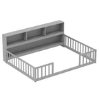 Lit de sol Montessori Costway pour lits jumeaux/doubles avec étagères de rangement et barrières de sécurité Blanc/Gris