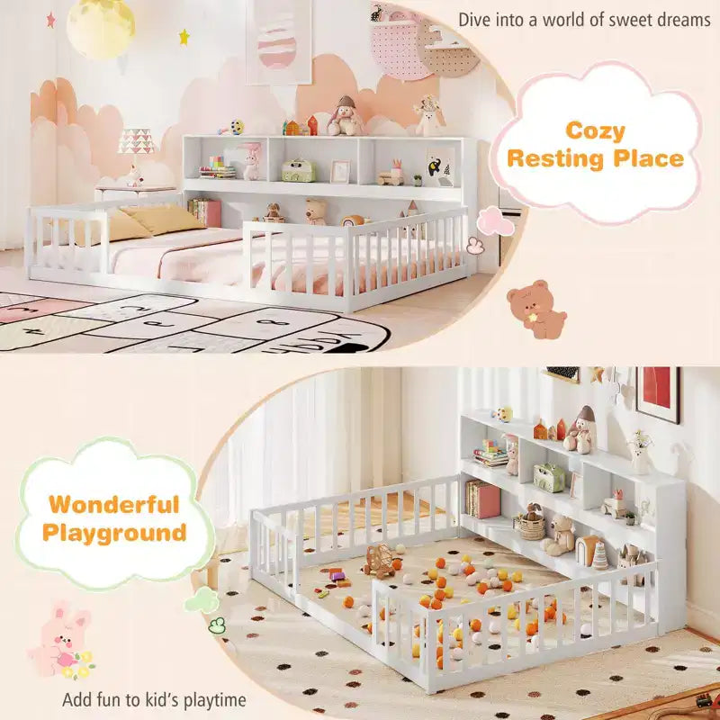 Lit de sol Montessori Costway pour lits jumeaux/doubles avec étagères de rangement et barrières de sécurité Blanc/Gris