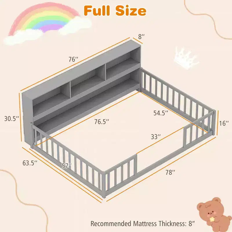 Lit de sol Montessori Costway pour lits jumeaux/doubles avec étagères de rangement et barrières de sécurité Blanc/Gris