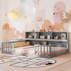 Lit de sol Montessori Costway pour lits jumeaux/doubles avec étagères de rangement et barrières de sécurité Blanc/Gris