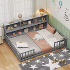 Lit de sol Montessori Costway pour lits jumeaux/doubles avec étagères de rangement et barrières de sécurité Blanc/Gris