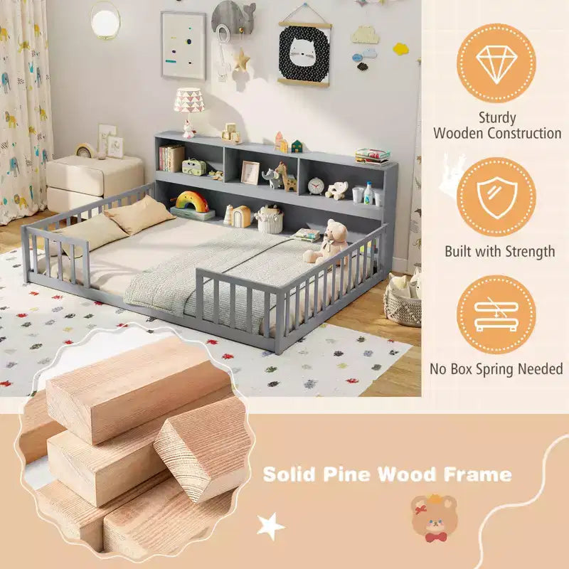 Lit de sol Montessori Costway pour lits jumeaux/doubles avec étagères de rangement et barrières de sécurité Blanc/Gris
