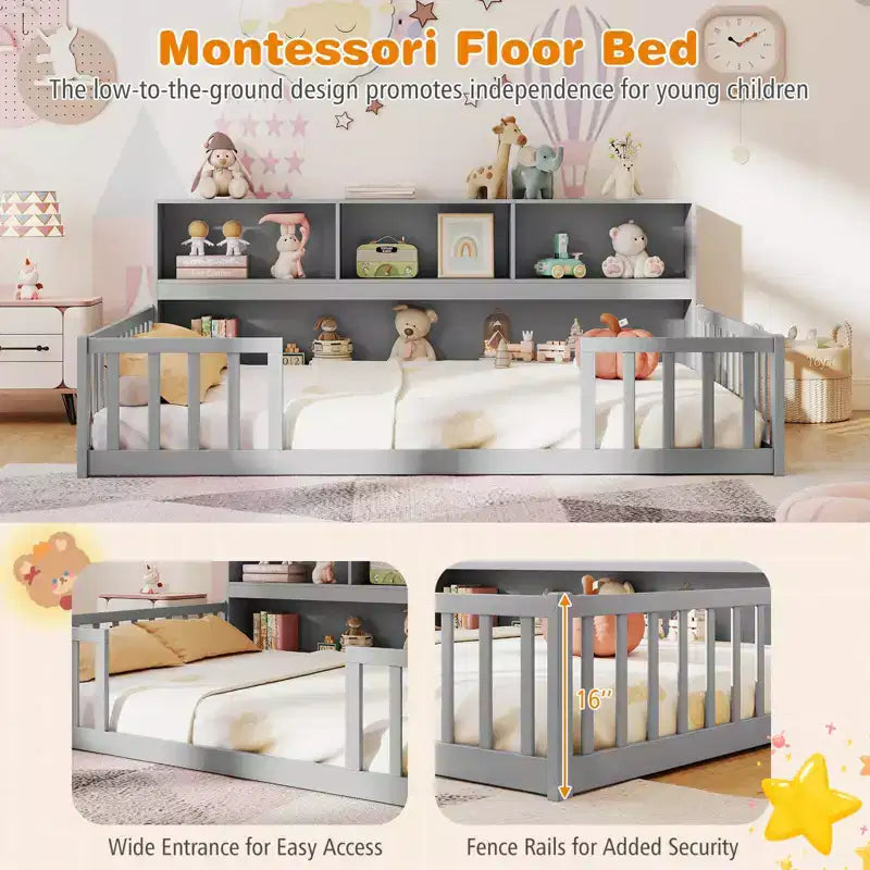 Lit de sol Montessori Costway pour lits jumeaux/doubles avec étagères de rangement et barrières de sécurité Blanc/Gris