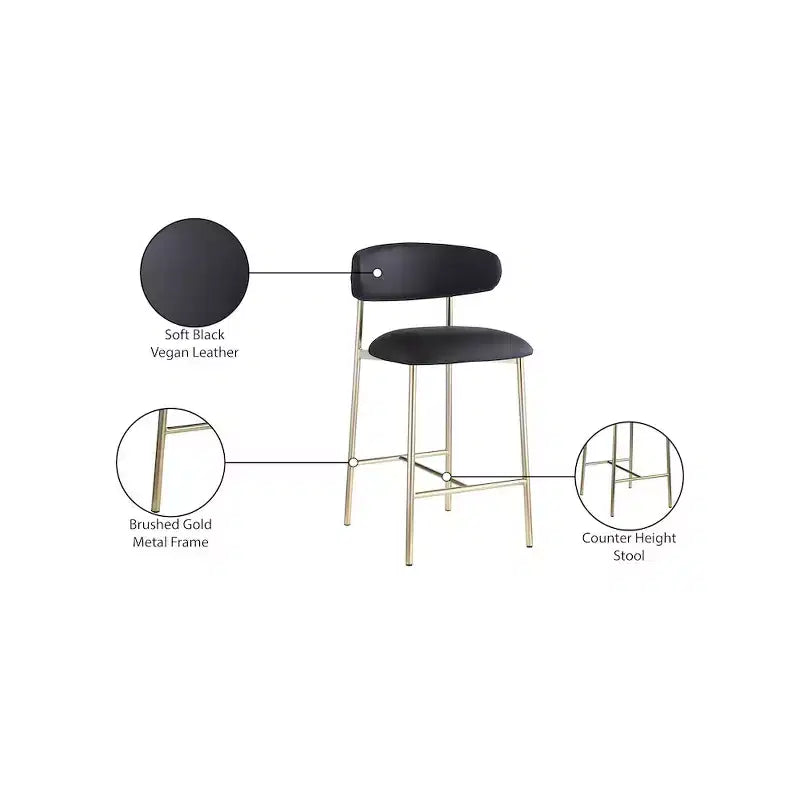 Meridian Furniture, Tabouret de comptoir Lupita en cuir vegan noir, Lot de 2