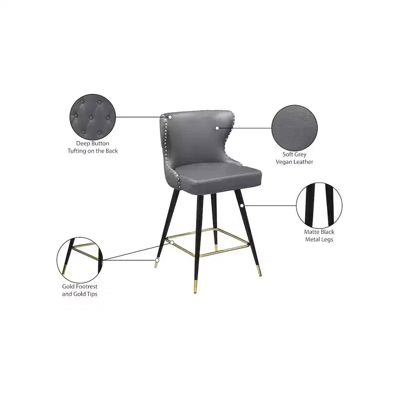 Meridian Furniture, Tabouret de comptoir/bar Hendrix en cuir végétalien gris, Lot de 2