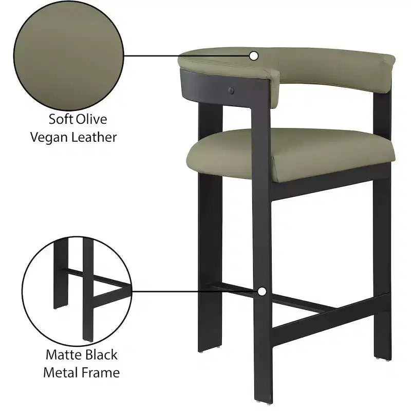Meridian Furniture, Tabouret de comptoir Romeo en cuir vegan vert olive, Lot de 2