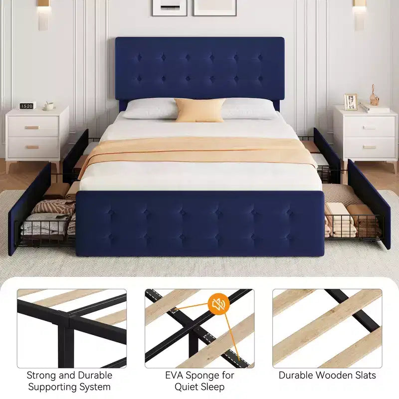 Cadre de lit en lin rembourré avec 4 tiroirs de rangement | Cadre en métal et tête de lit capitonnée | Support à lattes en bois | Pas besoin de sommier tapissier