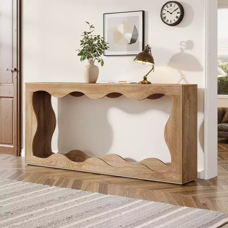 MAYEERTY Table console à 2 niveaux festonnée et ondulée de 63 po, table d'entrée de ferme rétro avec grain de bois naturel