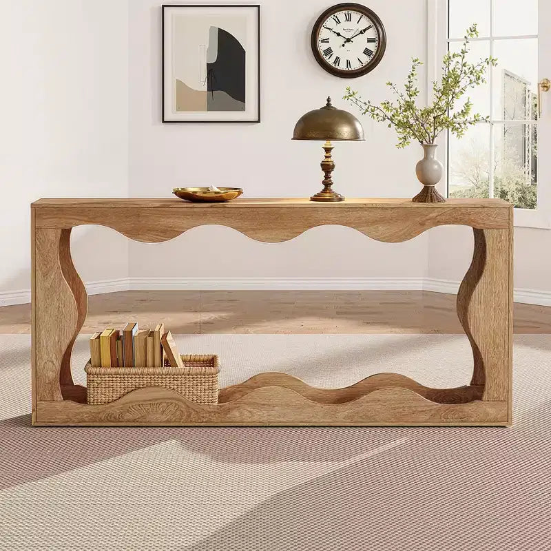 MAYEERTY Table console à 2 niveaux festonnée et ondulée de 63 po, table d'entrée de ferme rétro avec grain de bois naturel