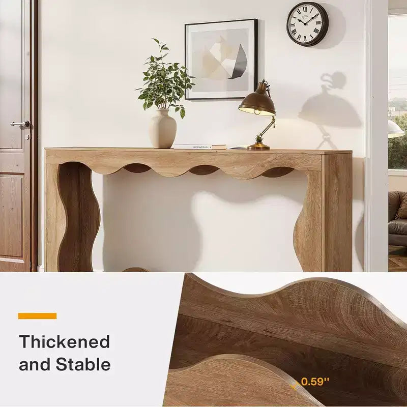 MAYEERTY Table console à 2 niveaux festonnée et ondulée de 63 po, table d'entrée de ferme rétro avec grain de bois naturel