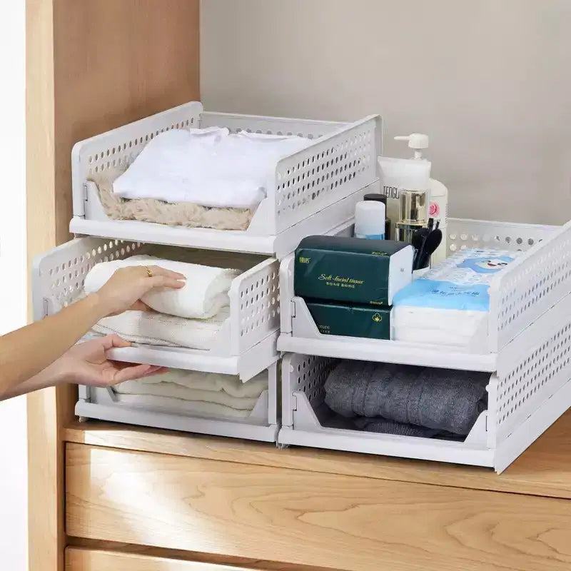 VECELO Organisateur de placard en plastique à 4 niveaux, tiroirs de rangement superposables pour pulls, organisateur de garde-robe pliable, gris