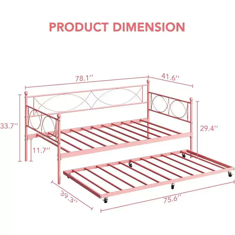Lit de repos avec lit gigogne, lit de repos double avec lit gigogne escamotable, support à lattes métalliques, cadre de lit de repos 2-en-1 pour chambre à coucher, salon, chambre d'amis