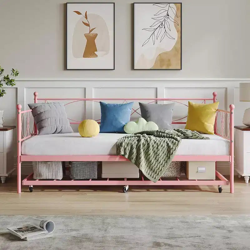 Lit de repos avec lit gigogne, lit de repos double avec lit gigogne escamotable, support à lattes métalliques, cadre de lit de repos 2-en-1 pour chambre à coucher, salon, chambre d'amis