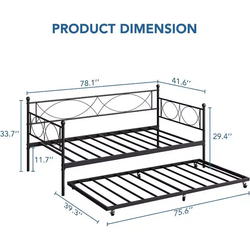 Lit de repos avec lit gigogne, lit de repos double avec lit gigogne escamotable, support à lattes métalliques, cadre de lit de repos 2-en-1 pour chambre à coucher, salon, chambre d'amis