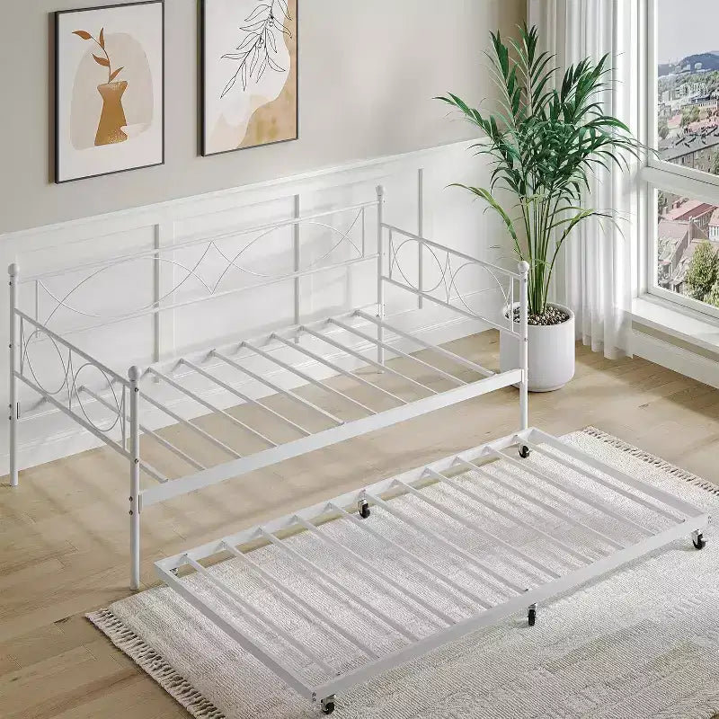 Lit de repos avec lit gigogne, lit de repos double avec lit gigogne escamotable, support à lattes métalliques, cadre de lit de repos 2-en-1 pour chambre à coucher, salon, chambre d'amis