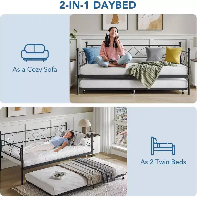 Lit de repos avec lit gigogne, lit de repos double avec lit gigogne escamotable, support à lattes métalliques, cadre de lit de repos 2-en-1 pour chambre à coucher, salon, chambre d'amis