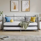 Lit de repos avec lit gigogne, lit de repos double avec lit gigogne escamotable, support à lattes métalliques, cadre de lit de repos 2-en-1 pour chambre à coucher, salon, chambre d'amis