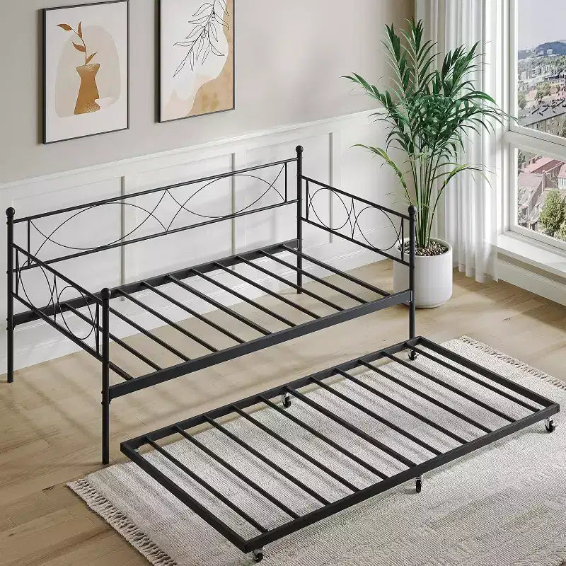 Lit de repos avec lit gigogne, lit de repos double avec lit gigogne escamotable, support à lattes métalliques, cadre de lit de repos 2-en-1 pour chambre à coucher, salon, chambre d'amis