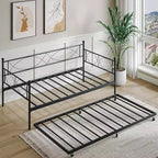 Lit de repos avec lit gigogne, lit de repos double avec lit gigogne escamotable, support à lattes métalliques, cadre de lit de repos 2-en-1 pour chambre à coucher, salon, chambre d'amis