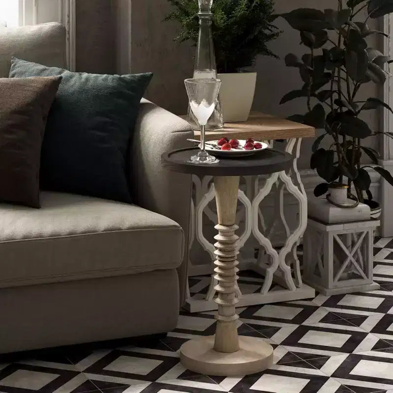 COZAYH Table d'appoint piédestal plateau pour boissons, lampes ou plantes, style ferme et rustique pour salon ou chambre à coucher, plateau noir sur cadre blanc