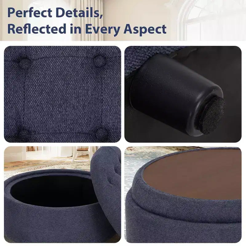 Pouf de rangement rond en tissu 3-en-1 25x25, couvercle/plateau réversible, repose-pieds et petite table basse avec rangement intégré