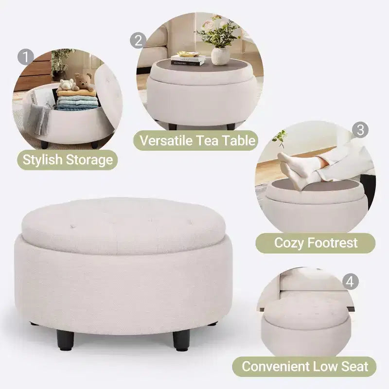Pouf de rangement rond en tissu 3-en-1 25x25, couvercle/plateau réversible, repose-pieds et petite table basse avec rangement intégré