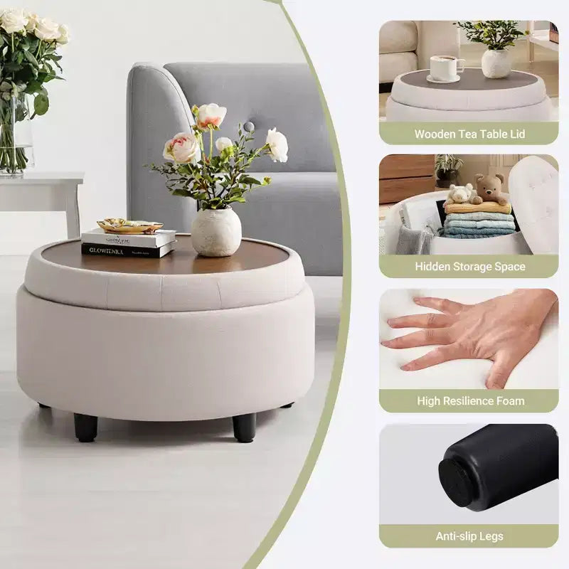 Pouf de rangement rond en tissu 3-en-1 25x25, couvercle/plateau réversible, repose-pieds et petite table basse avec rangement intégré