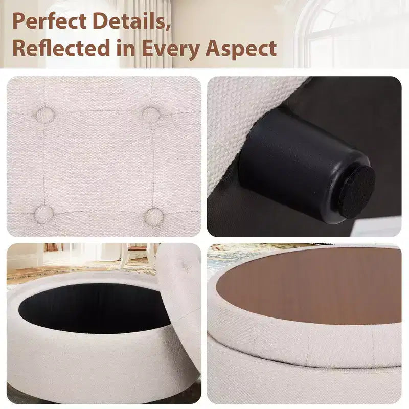 Pouf de rangement rond en tissu 3-en-1 25x25, couvercle/plateau réversible, repose-pieds et petite table basse avec rangement intégré