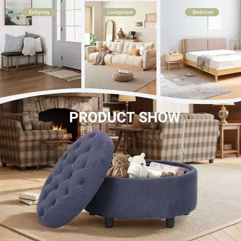 Pouf de rangement rond en tissu 3-en-1 25x25, couvercle/plateau réversible, repose-pieds et petite table basse avec rangement intégré