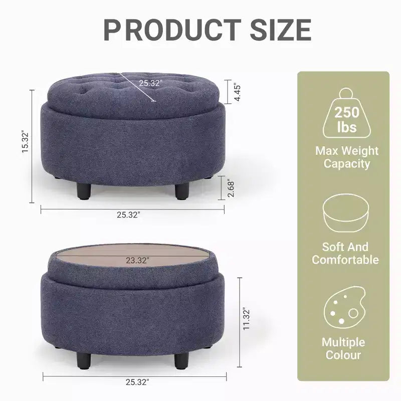 Pouf de rangement rond en tissu 3-en-1 25x25, couvercle/plateau réversible, repose-pieds et petite table basse avec rangement intégré