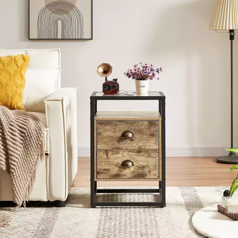 VECELO Table de chevet moderne, table d'appoint avec tiroir pour salon et chambre à coucher, verre trempé, gris