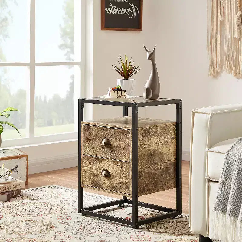 VECELO Table de chevet moderne, table d'appoint avec tiroir pour salon et chambre à coucher, verre trempé, gris