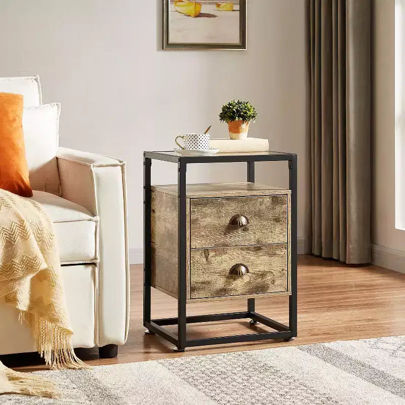 VECELO Table de chevet moderne, table d'appoint avec tiroir pour salon et chambre à coucher, verre trempé, gris