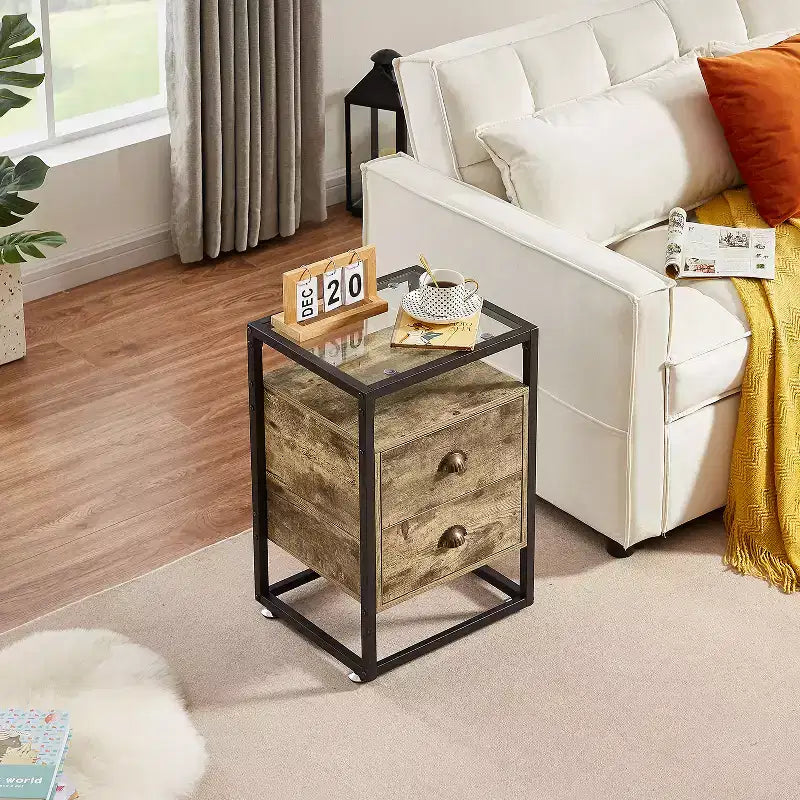 VECELO Table de chevet moderne, table d'appoint avec tiroir pour salon et chambre à coucher, verre trempé, gris