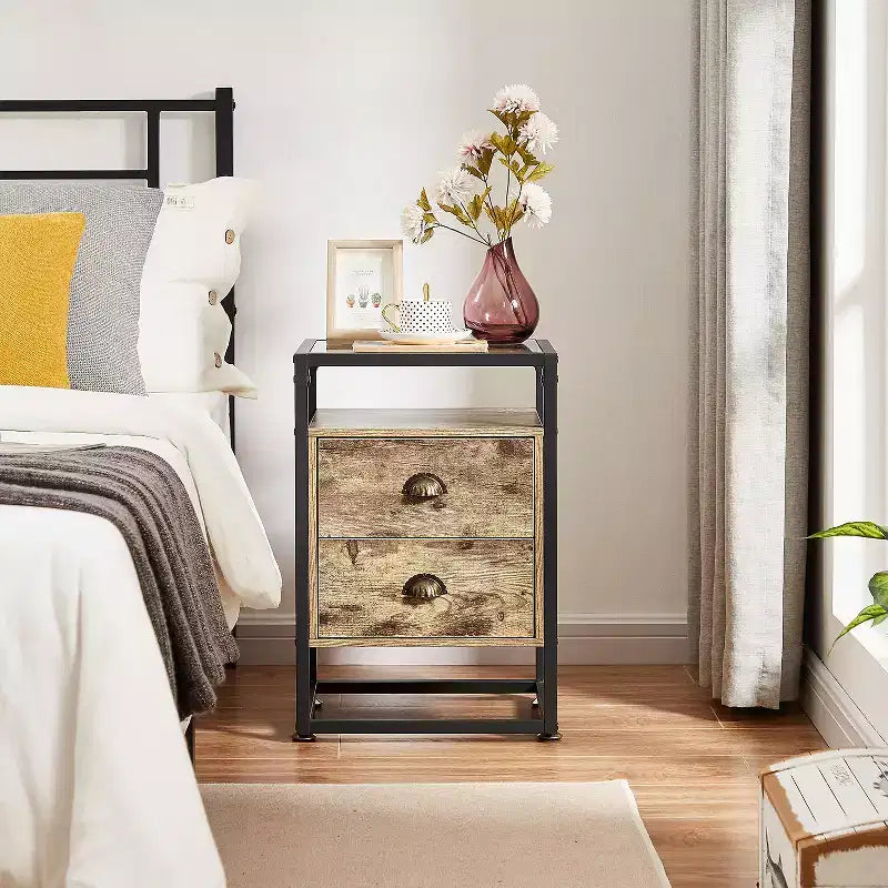 VECELO Table de chevet moderne, table d'appoint avec tiroir pour salon et chambre à coucher, verre trempé, gris