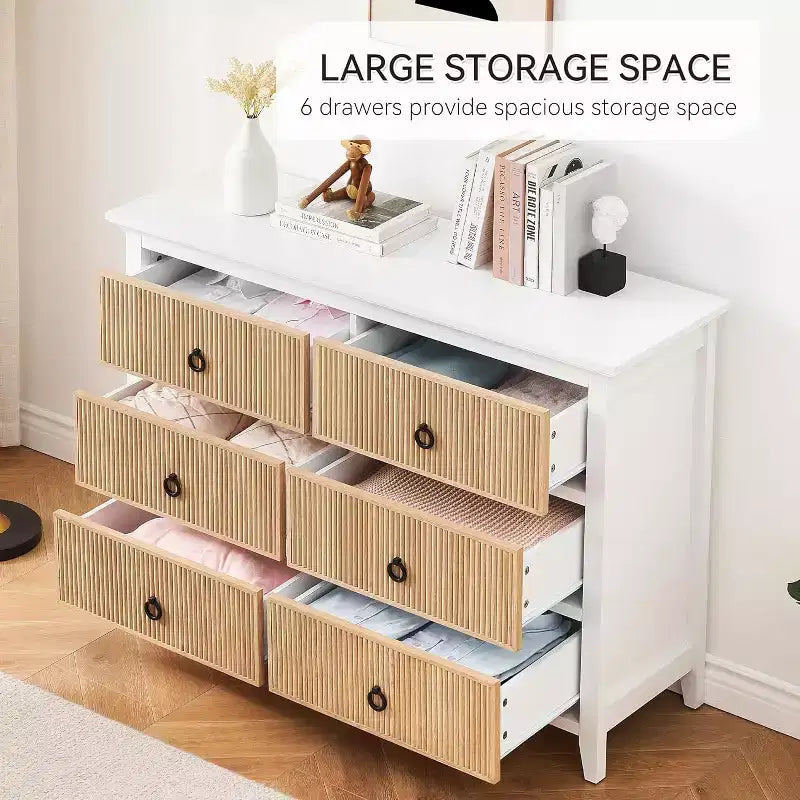 Commode de Chambre, Commode Double 6 Tiroirs Panneau à Tiroirs Cannelés, Grande Commode Moderne avec Tiroirs Profonds, Meuble TV Commode