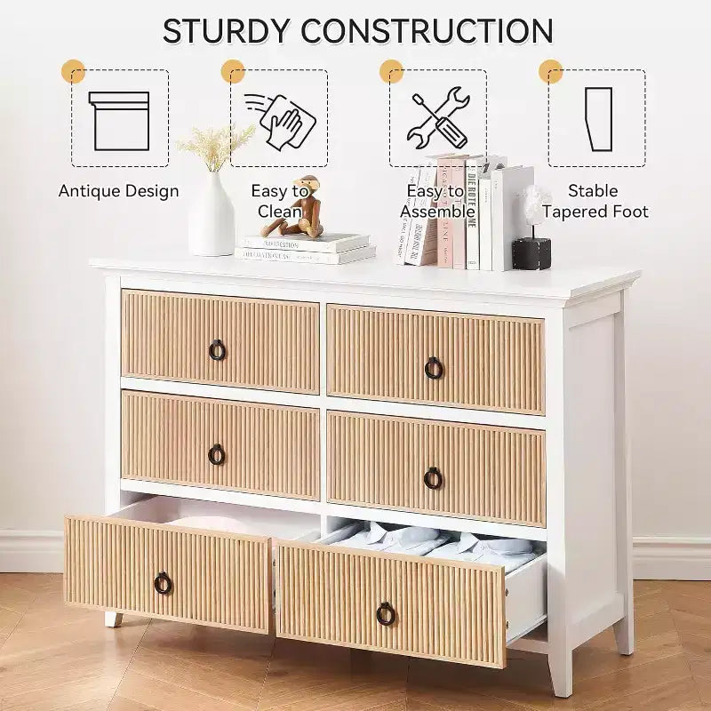 Commode de Chambre, Commode Double 6 Tiroirs Panneau à Tiroirs Cannelés, Grande Commode Moderne avec Tiroirs Profonds, Meuble TV Commode