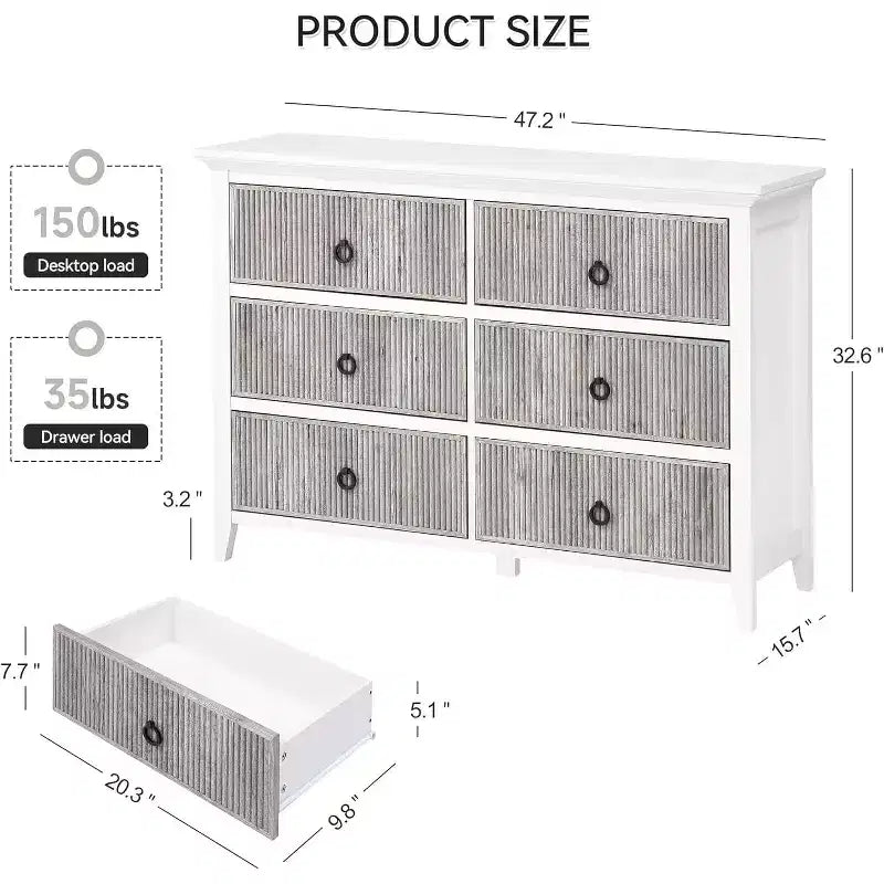 Commode de Chambre, Commode Double 6 Tiroirs Panneau à Tiroirs Cannelés, Grande Commode Moderne avec Tiroirs Profonds, Meuble TV Commode